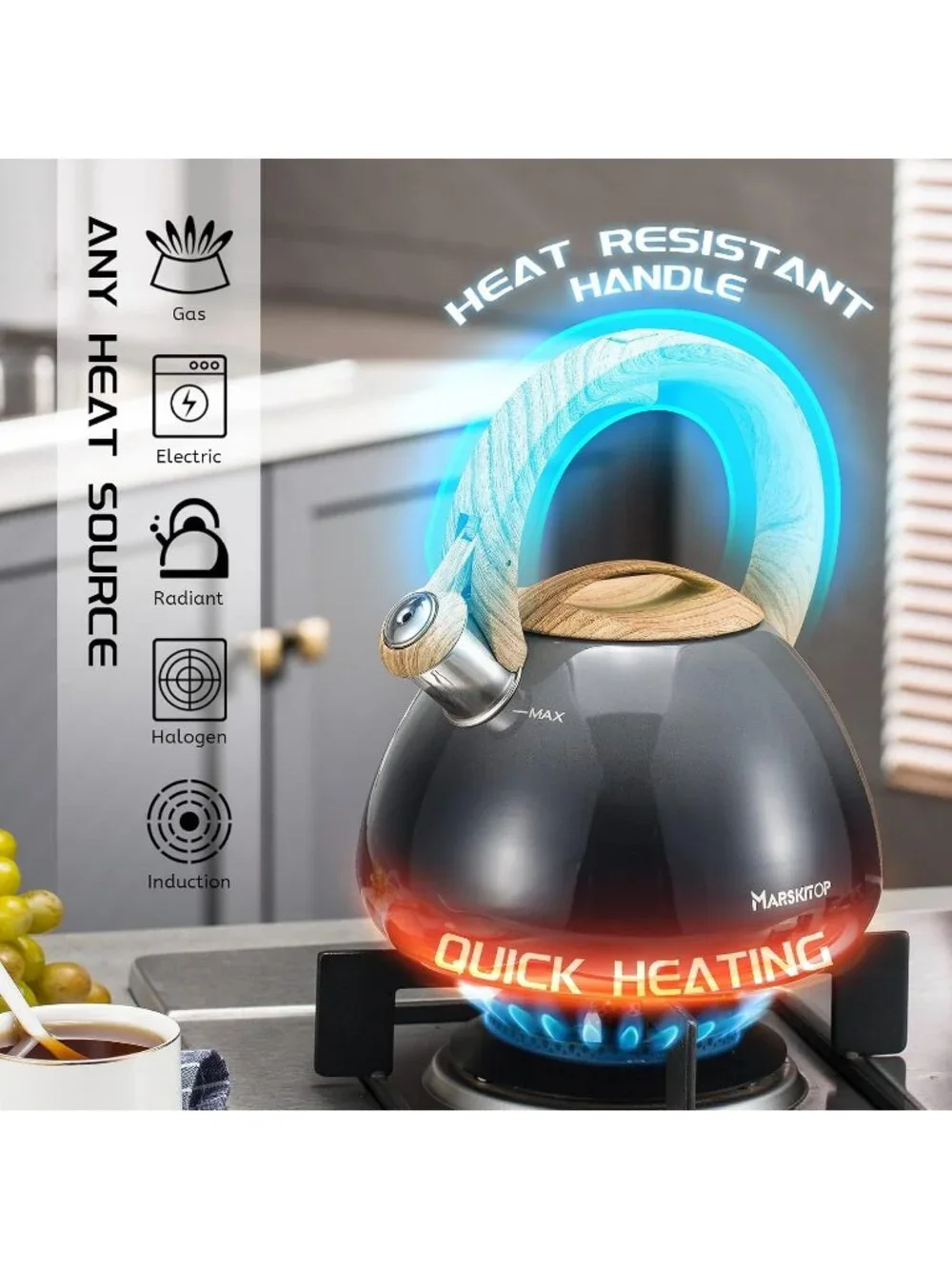 Gray Stainless Steel Kitchen Whistling Tea Kettles 2.6QT Stovetop Cookware Pot
